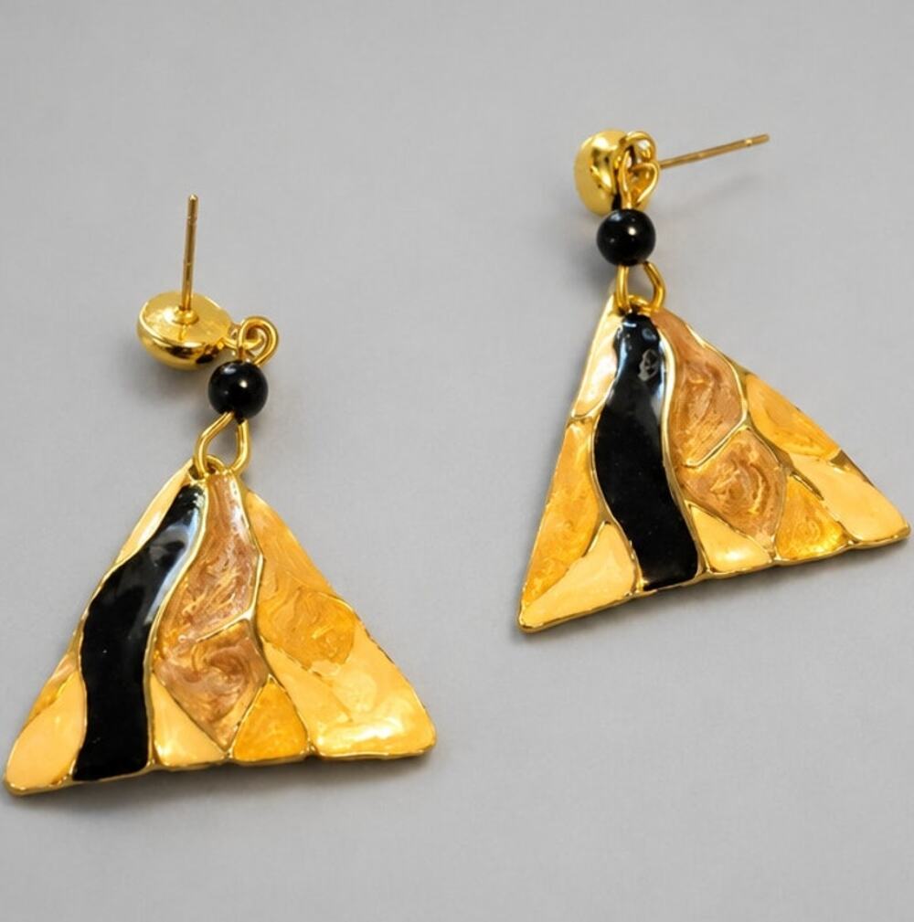 Vintage Retro Enameled Drop Pierced Dangle‎ 1.25" Gold Black Cream kp-20